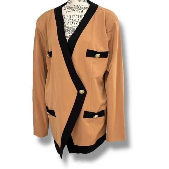 Alexia Admor Size XL Tan Black Trim Button Blazer Jacket 80s Retro Shoulder Pads - Picture 3 of 7